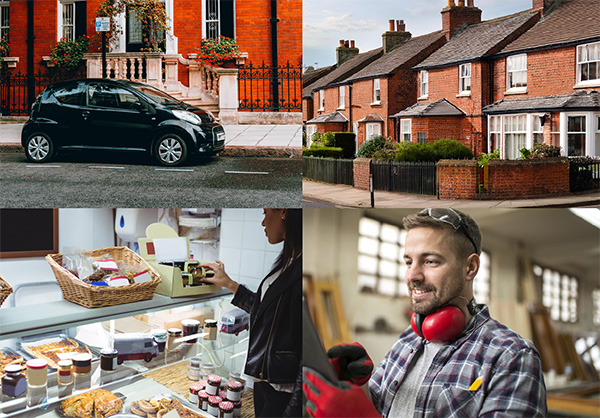 Four image montage - car, house, shop and work